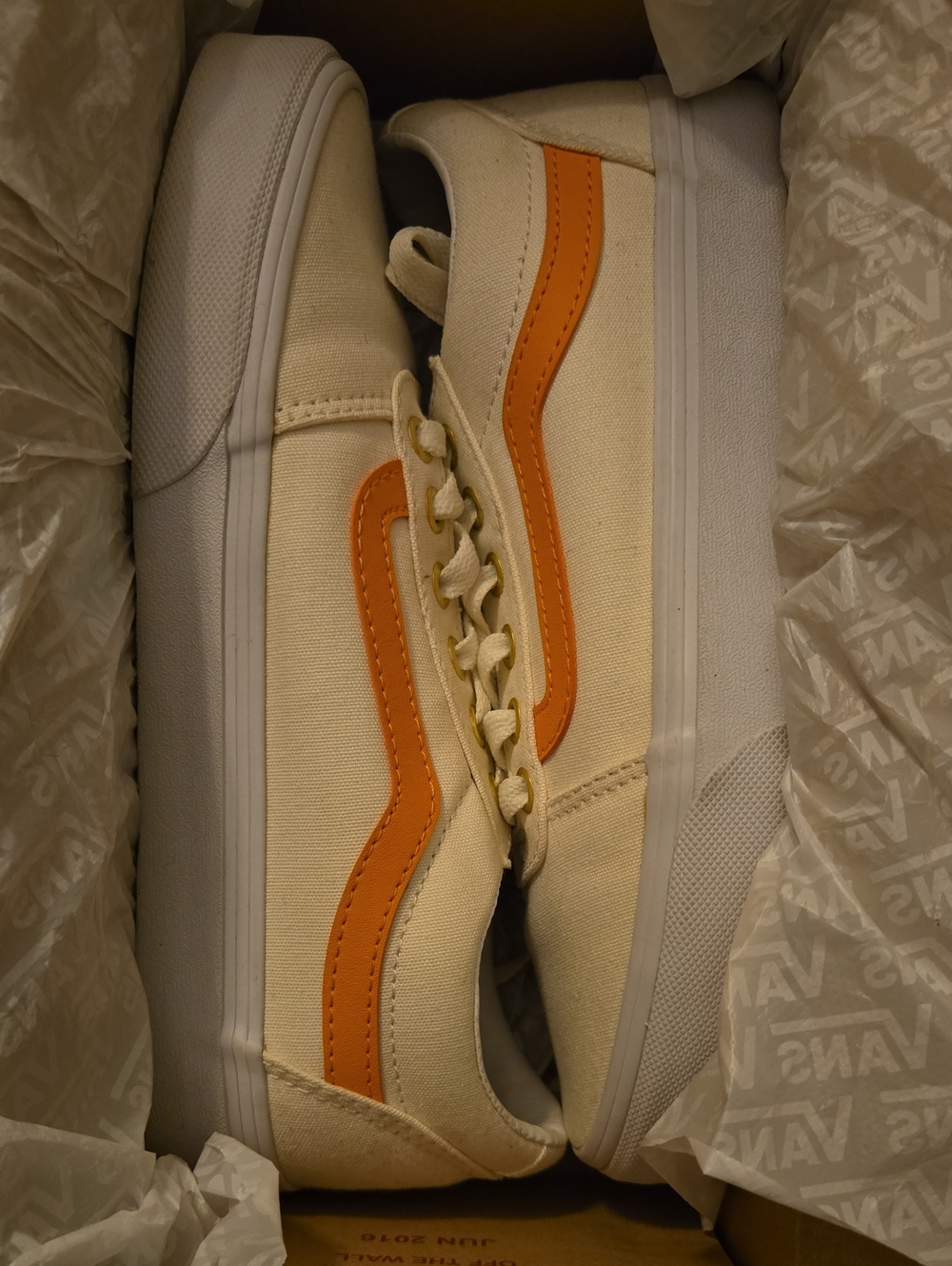 Vans Low-Top Canvas Sneakers in Cream with Orange Stripe